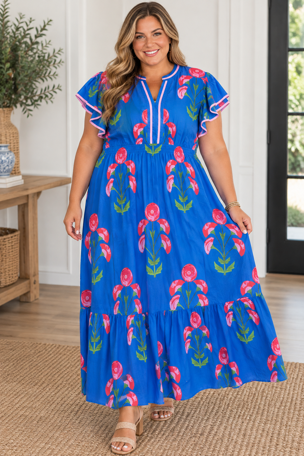 Blue Blossom Meadow Print Plus Midi Dress
