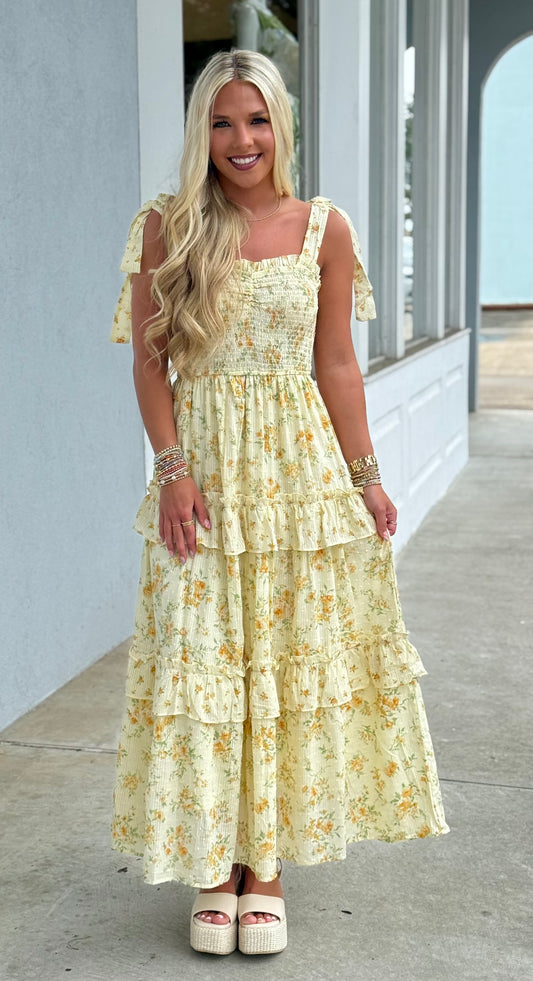 Yellow Floral Sweetheart Smocked Ruffle Midi Dress