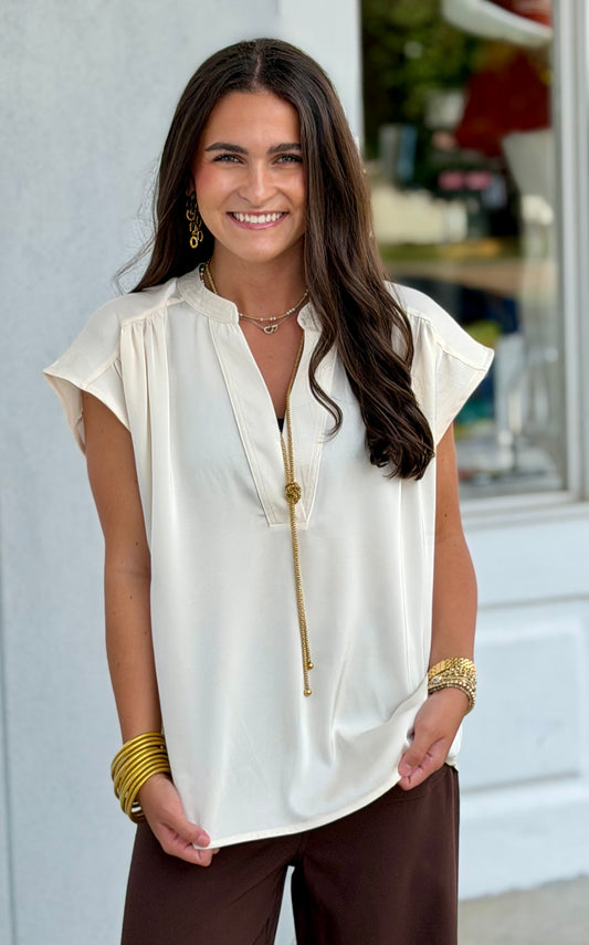 V Neck Drop Shoulder Shirring Detail Top, Ivory