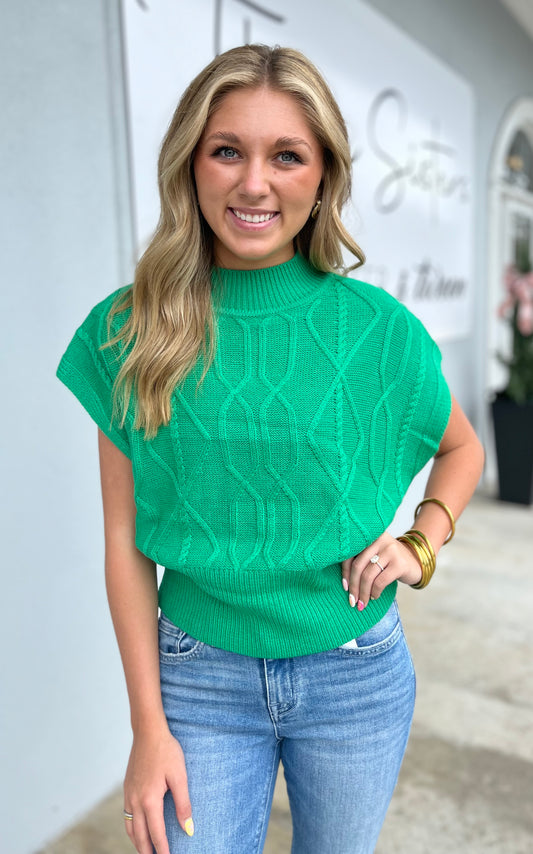 Kelly Green Cable Knit Cap Sleeve Sweater