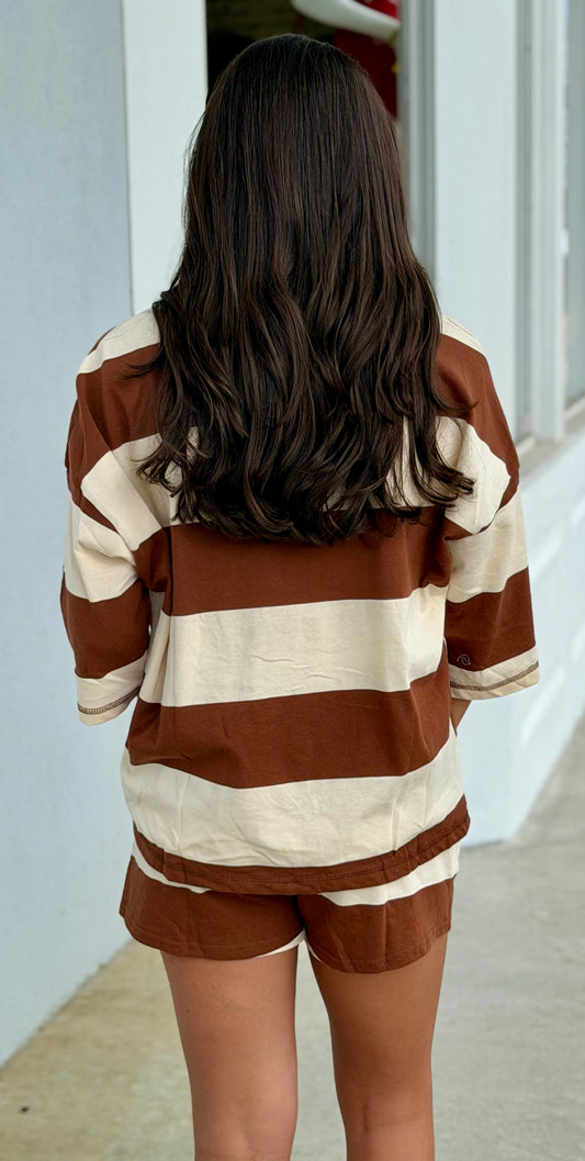 Brown Front Zip 3/4 Sleeve Pullover
