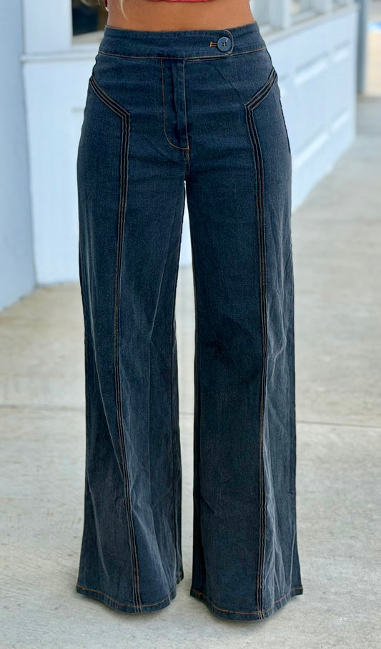 Black Contrast Stitching High Waist Wide Leg Flare