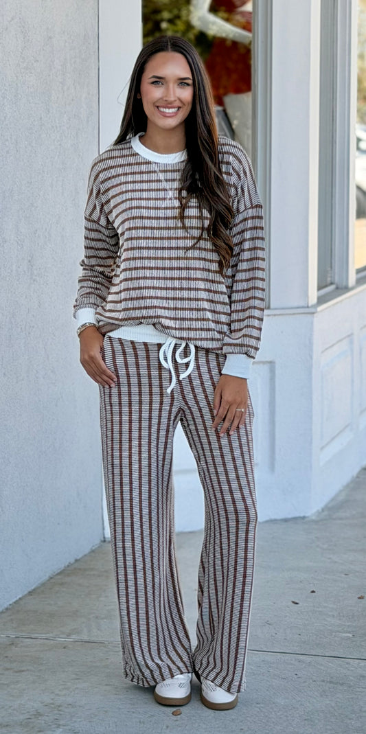 Raised Rib Striped Pullover & Pants SET, Brown