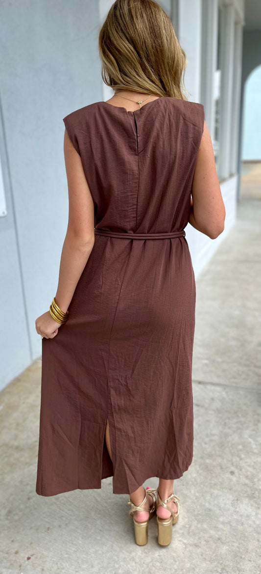 Espresso Slit Hem Midi Dress With Gold Belt