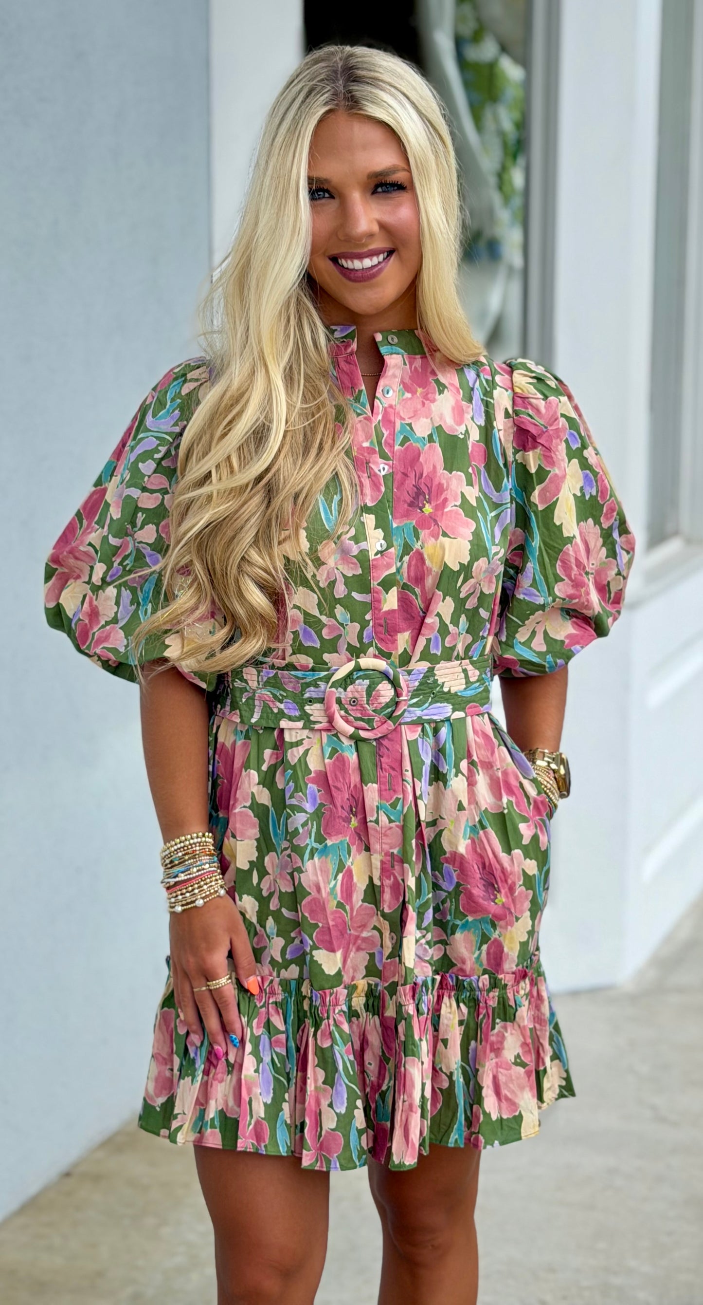 Green Floral Dress W Belt