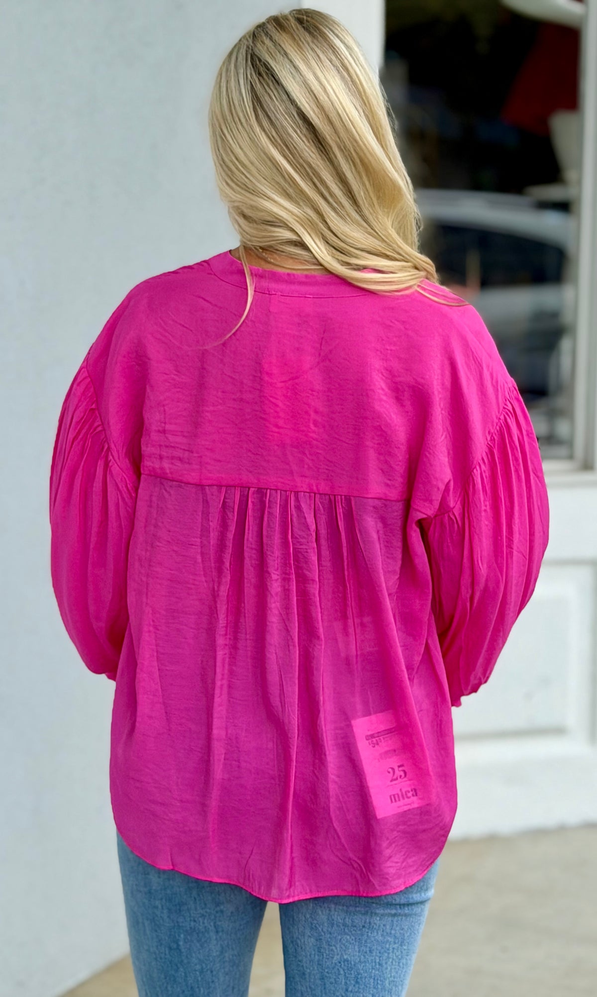 Puff Sleeve Button Down Shirt, Fuchsia