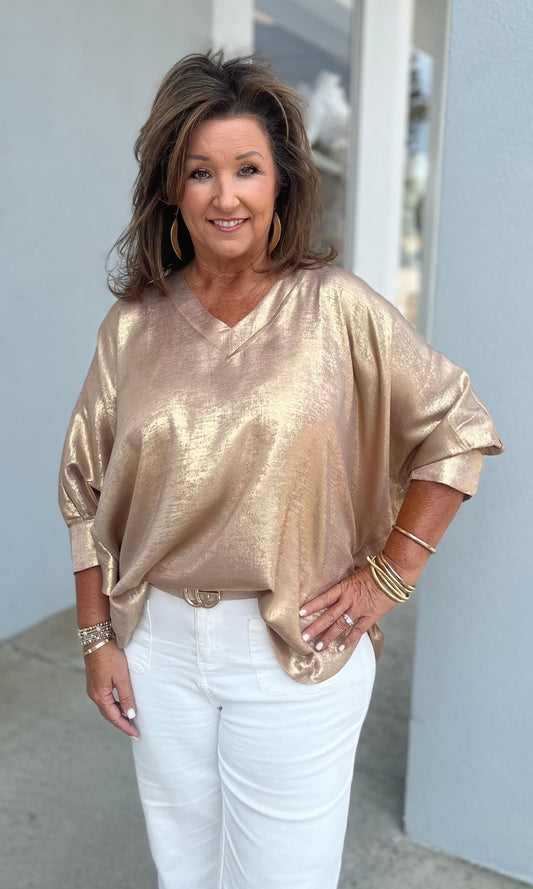 Metallic 3/4 Dolam Sleeve Top , Taupe