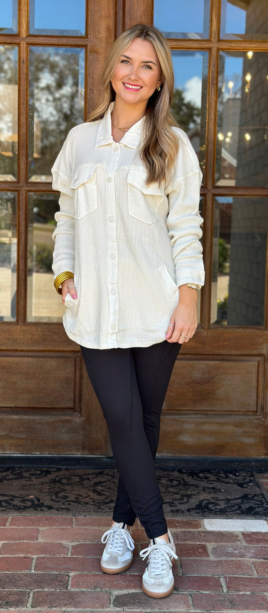 Mineral Washed Waffle Shacket, Cream