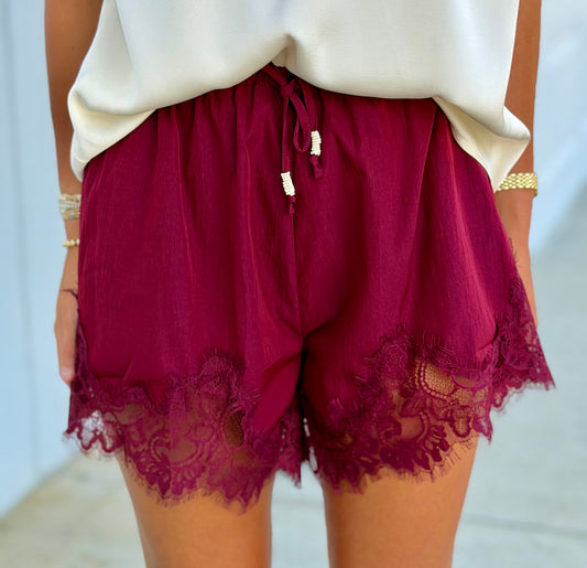Burgundy Mid Rise Lace Shorts