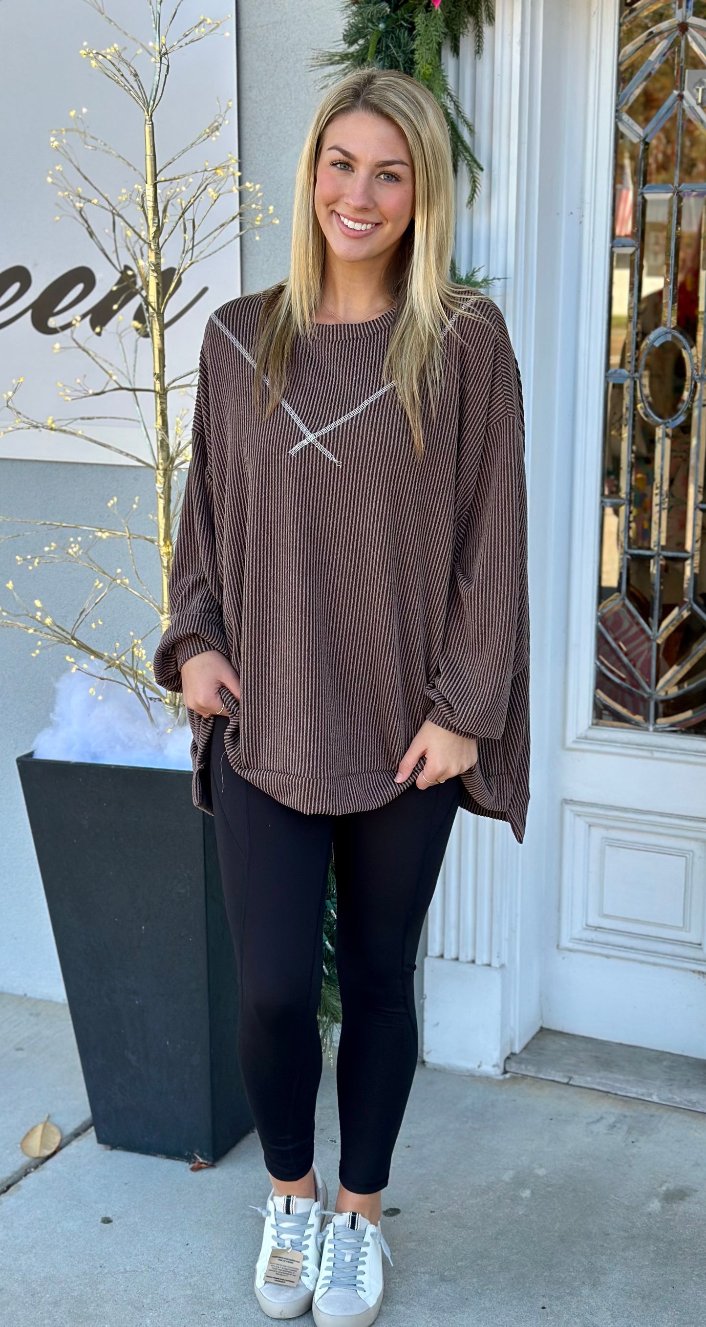 Brown Ribbed Contrast Thread Sweater