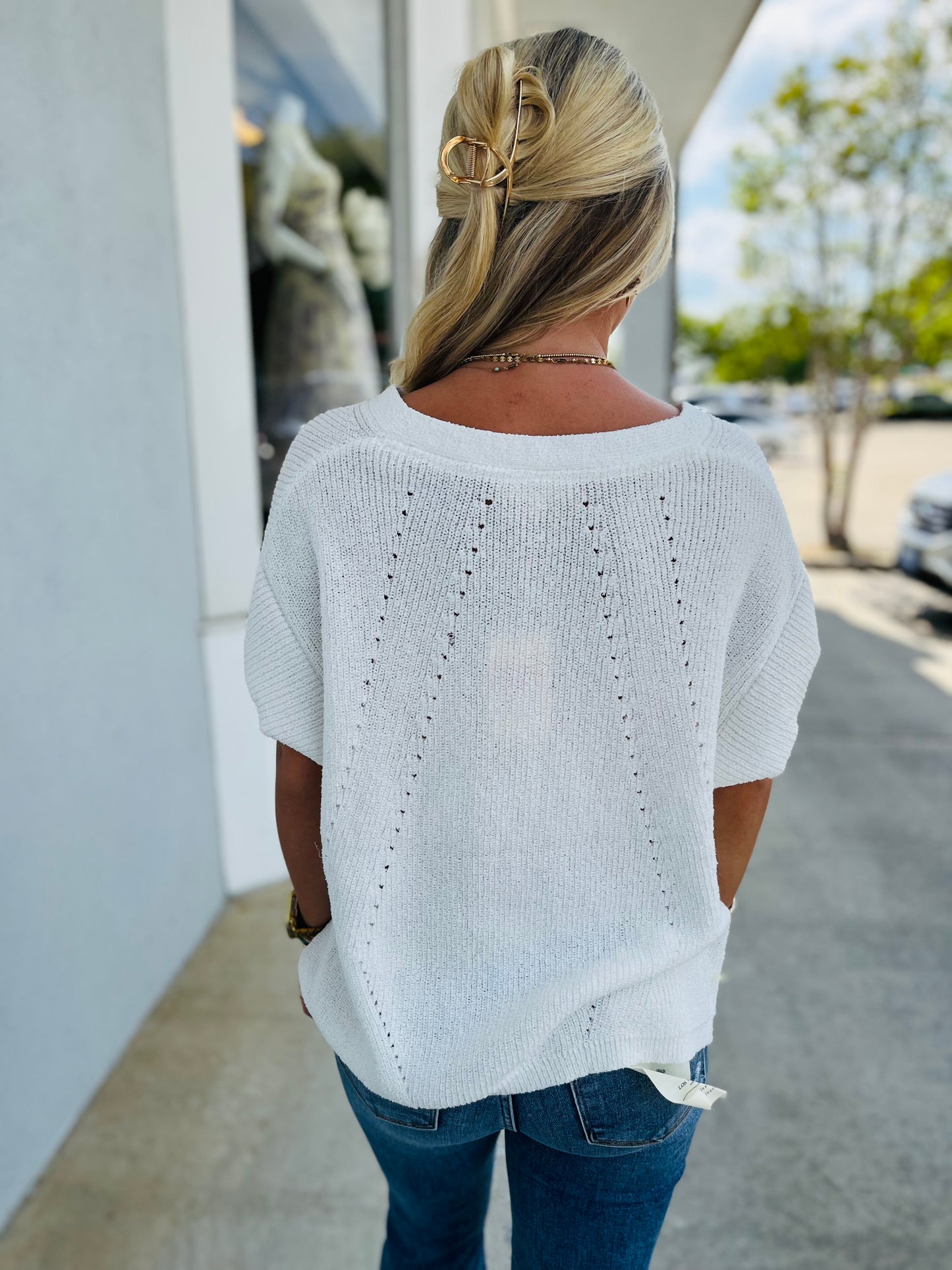 V-Neck Lightweight Sweater with Side Slit, Off White