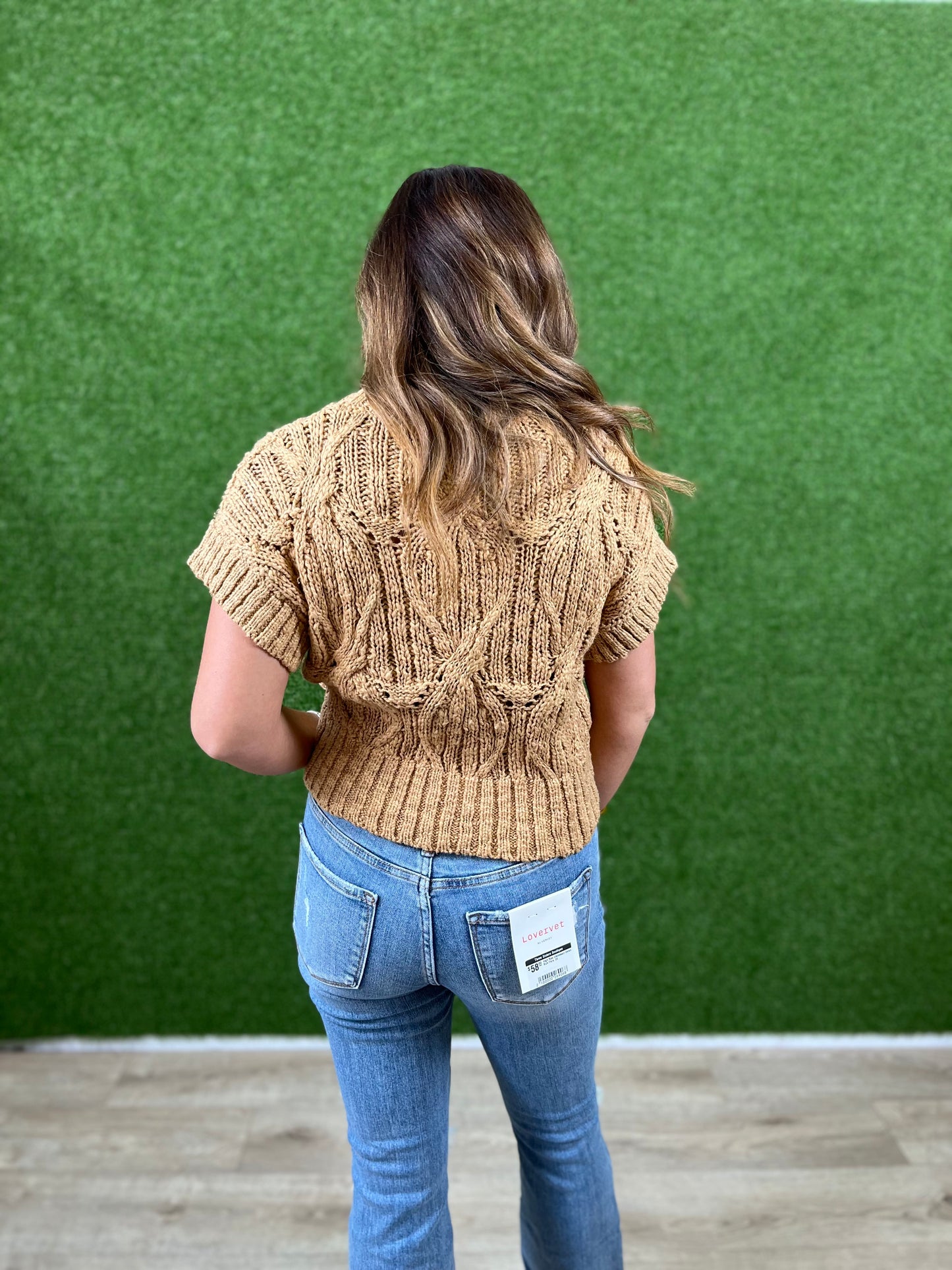Caramel Sleeveless Mock Neck Cable Sweater