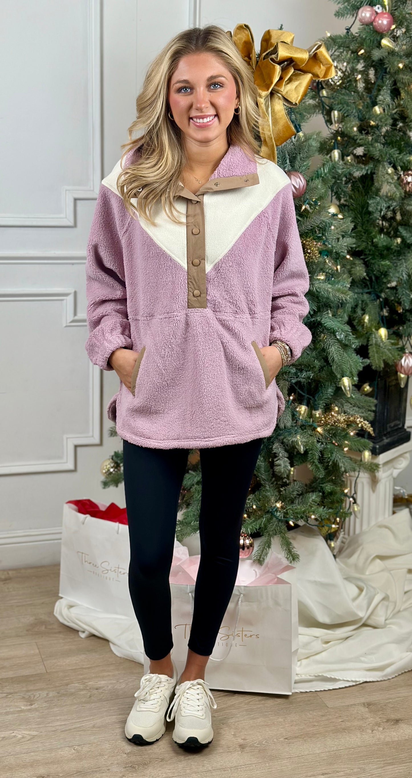 Blush Half Button Color Block Fleece Pullover
