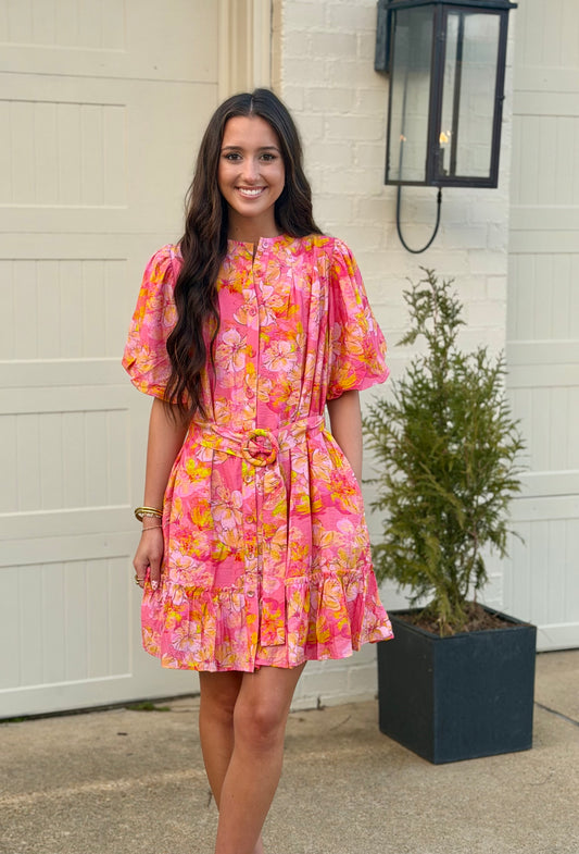 Pink Floral Belted Dress