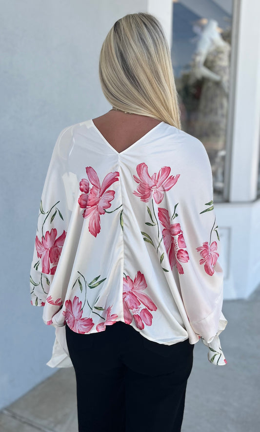 Kimono Sleeve Floral Satin Top , White