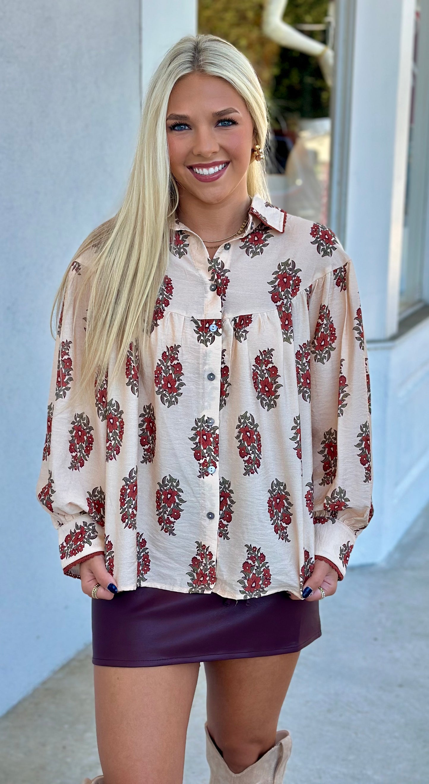 Ecru Floral Button Down Top