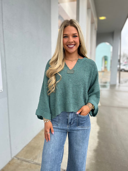 Low Gauge Quarter Sleeve V Neck Sweater