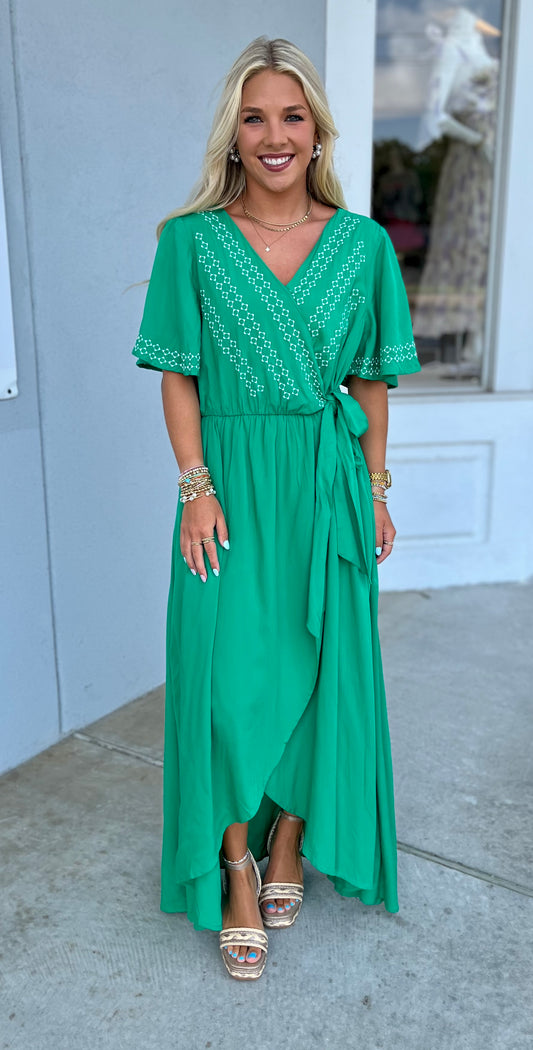 Green Waist Tie Wrap Maxi Dress