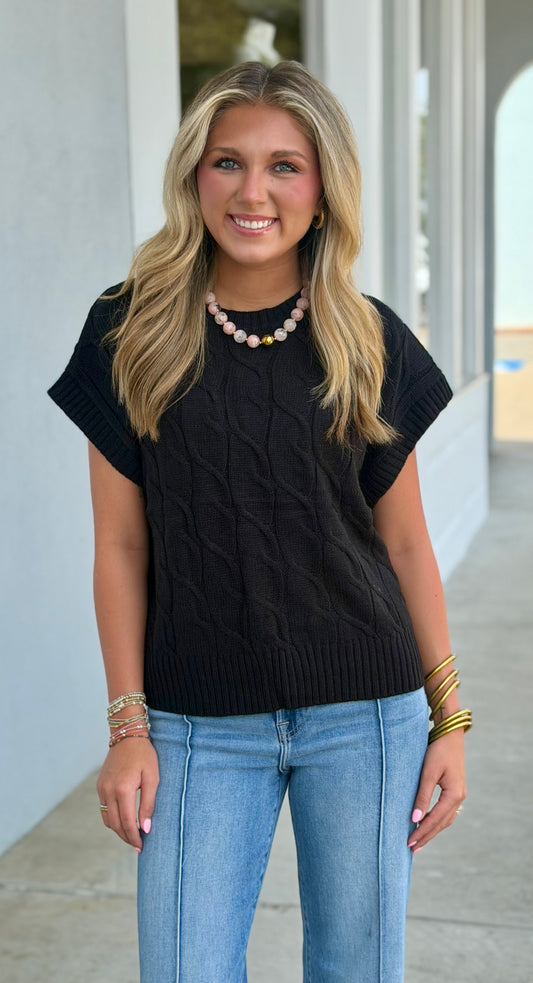 Cable Knit Cap Sleeve Sweater Top, Black