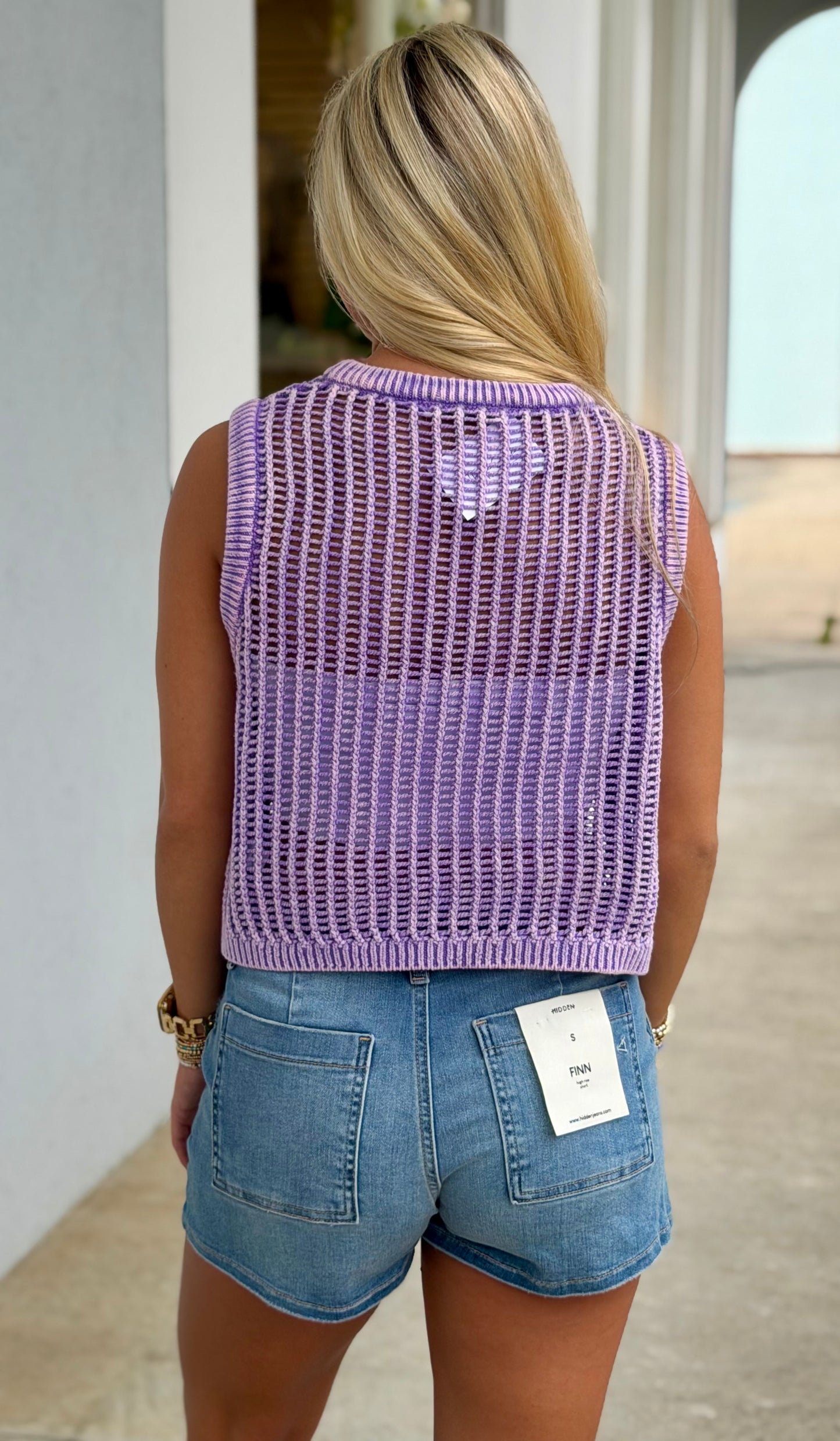 Acid Wash Fishnet Sweater Vest, Lavender