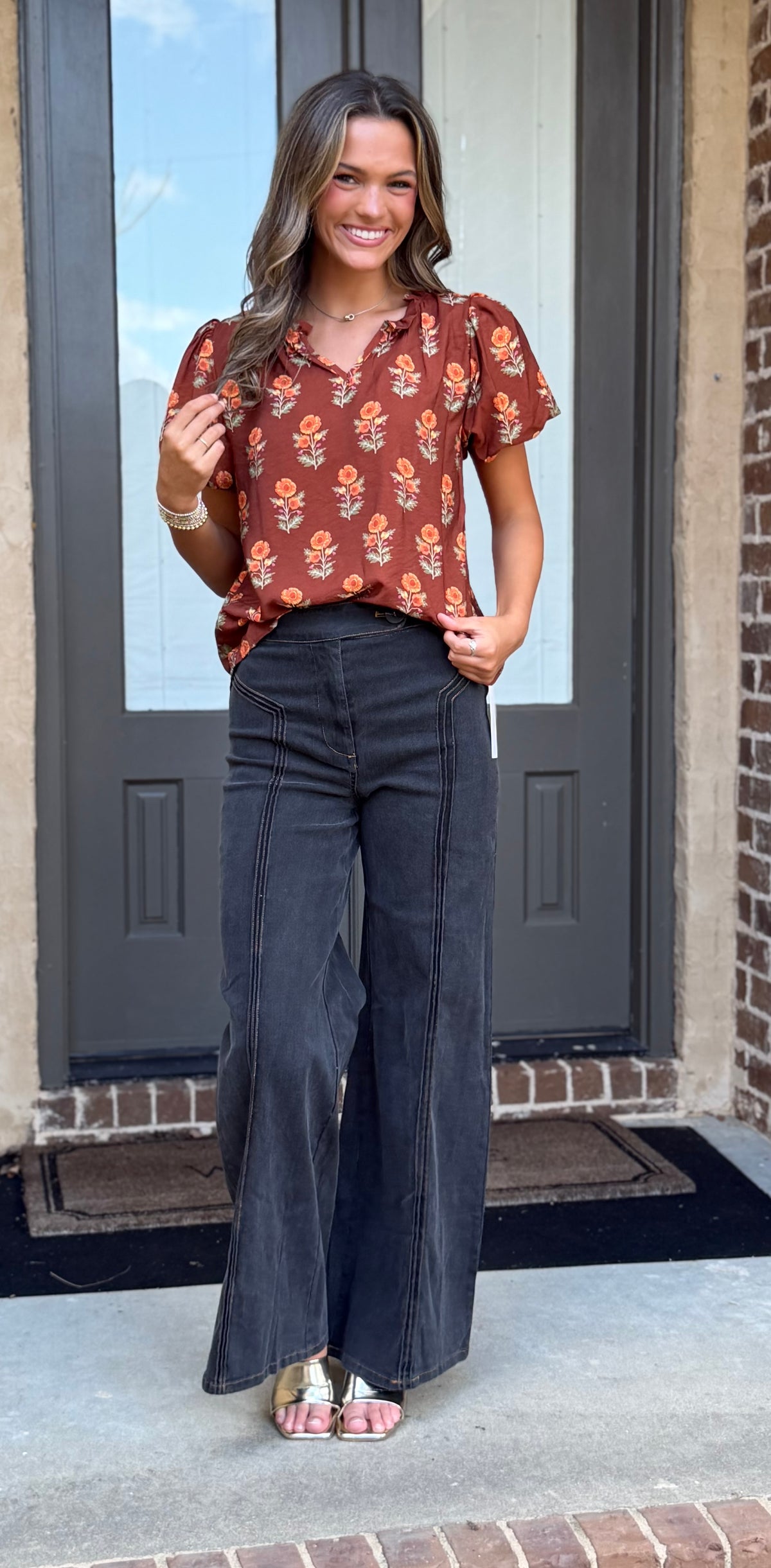 Brown Floral Puff Sleeve Blouse
