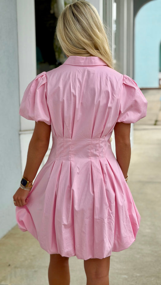 Pink Fit & Flare Zipper Front Bubble Sleeve Dress