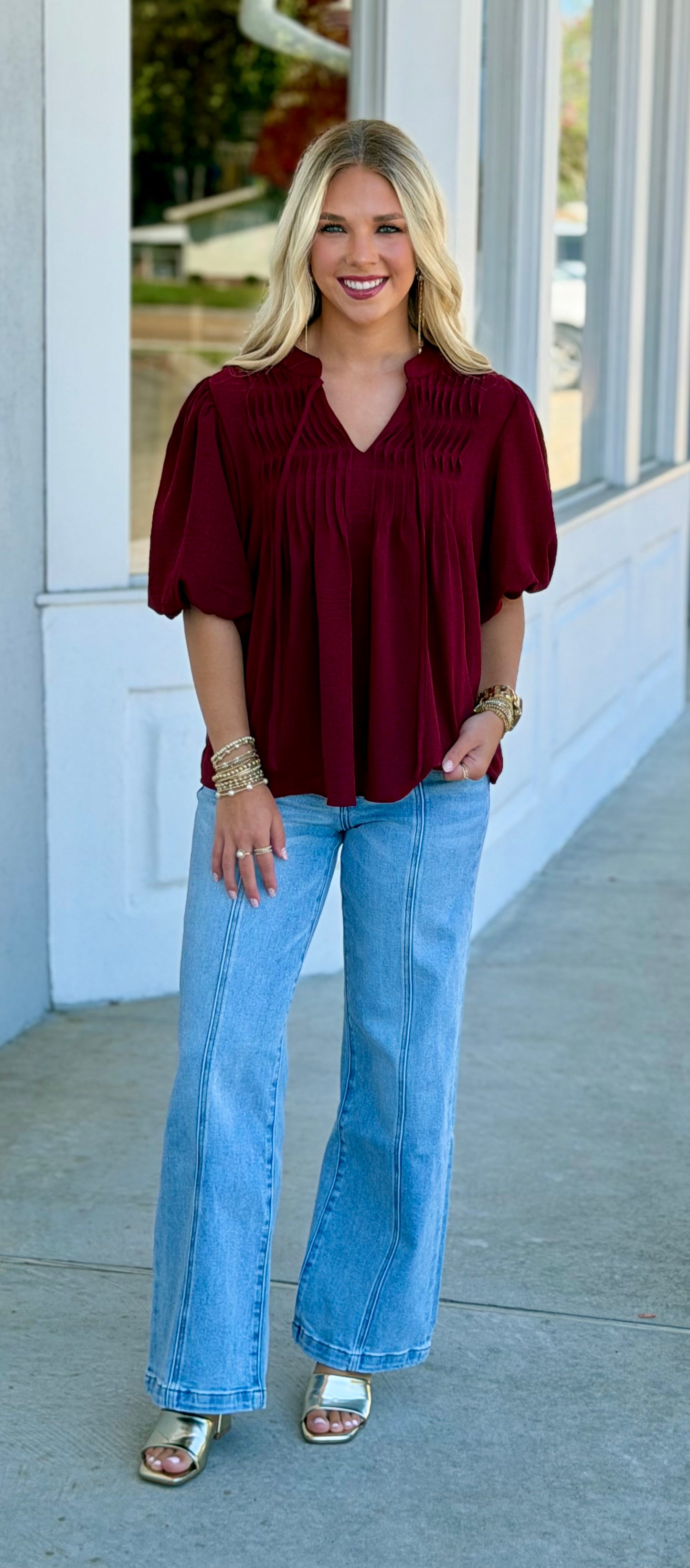 Puff Sleeve Pintuck Detail w/ Neck Tie Top, Wine