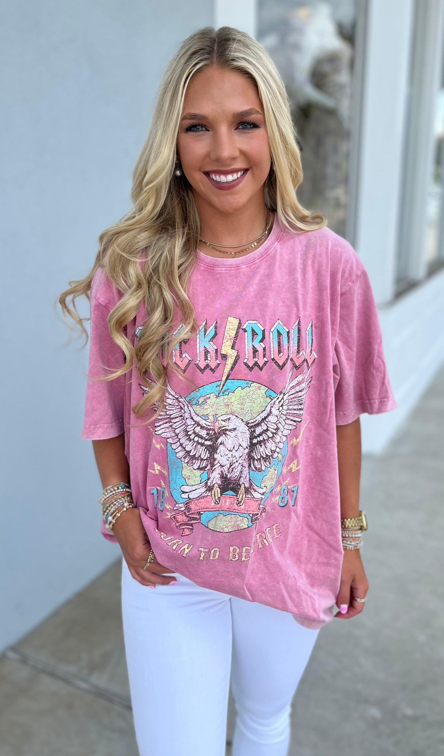 Pink Rock N Roll Born To Be Free Graphic Tee