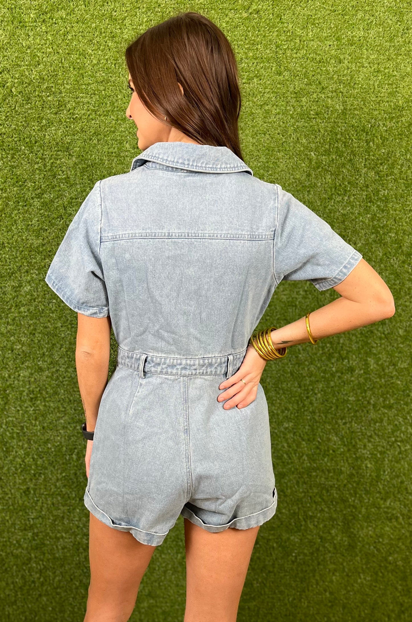 Washed Denim Double Front Tie Collared Romper