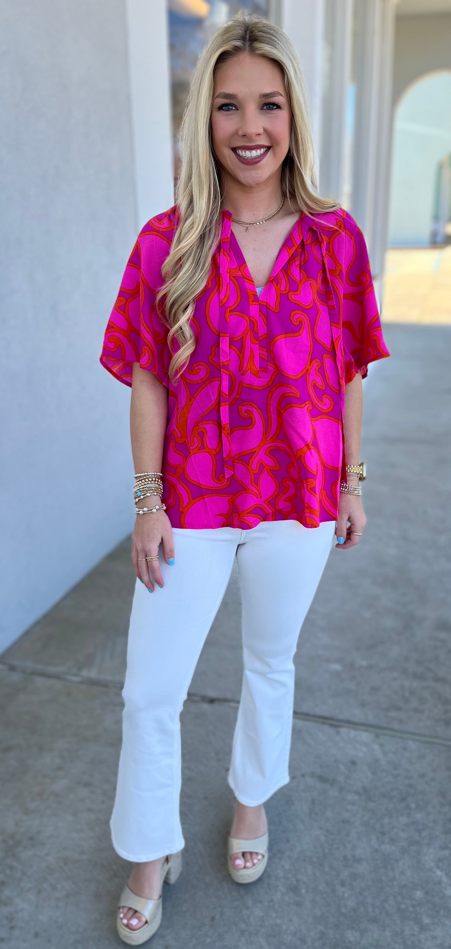 Magenta Floral Tie Neck Blouse