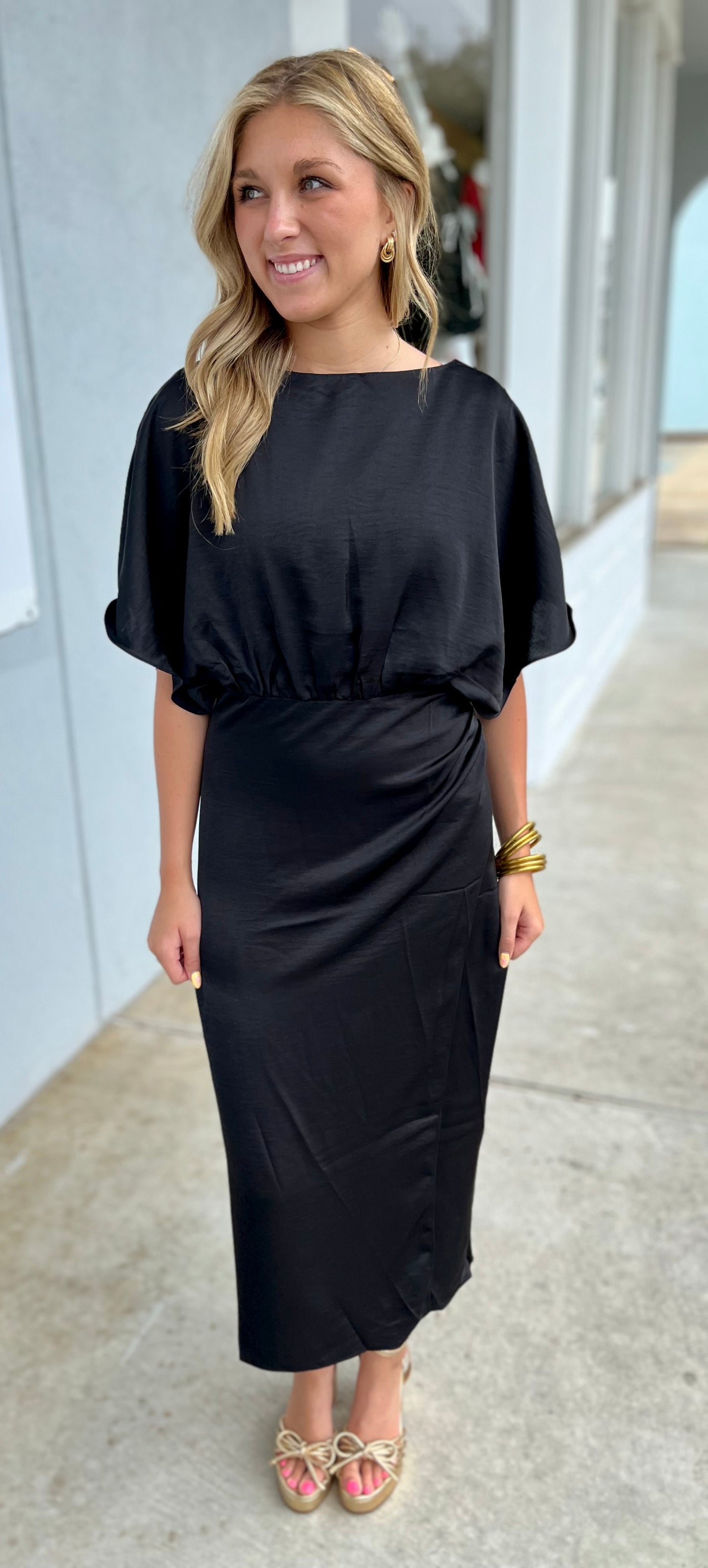 Black Wide Round Neck Asymmetrical Midi Dress
