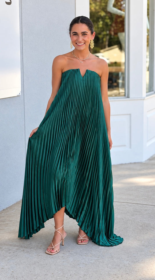 Emerald Satin Strapless Pleated Colum Dress