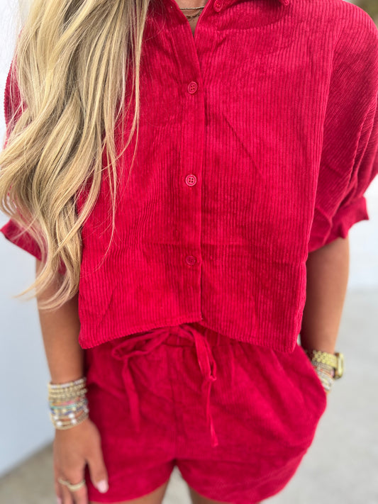 Red Corduroy Button Down Shirt With Shorts SET