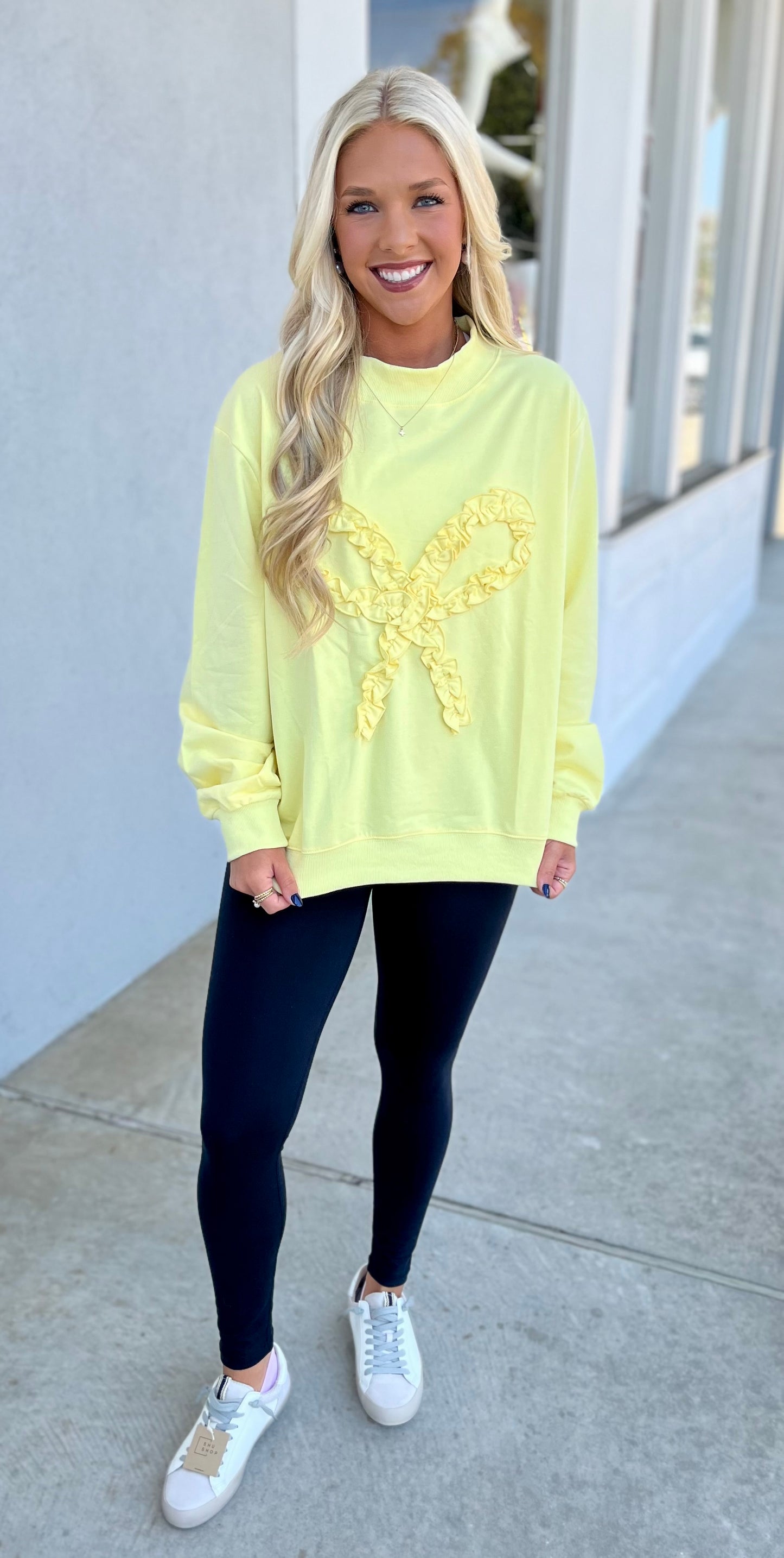 Mock Neck Sweatshirt W Ruffle Bow, Lemon