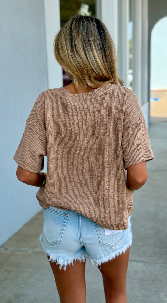 Khaki Ribbed Spilt Neck Top