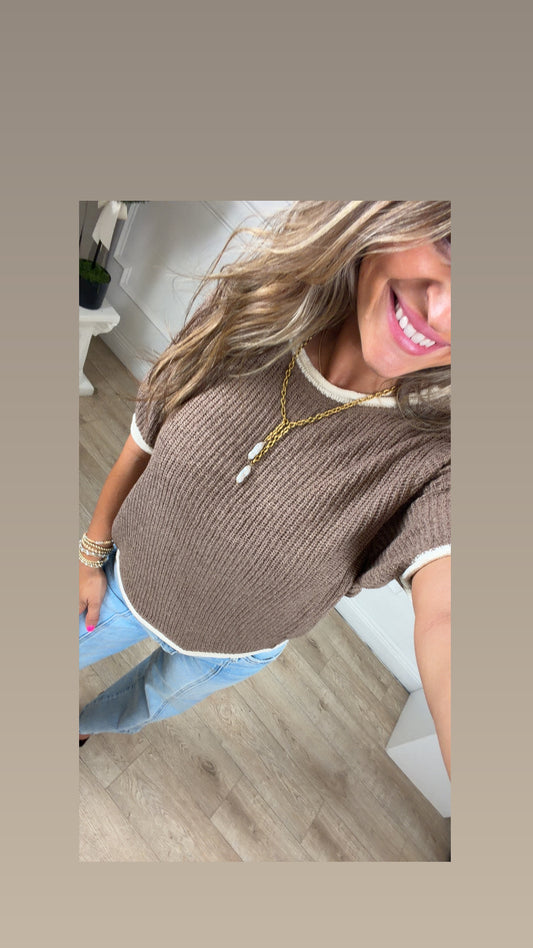 Puff Sleeve Raised Rib Knit Sweater, Mocha