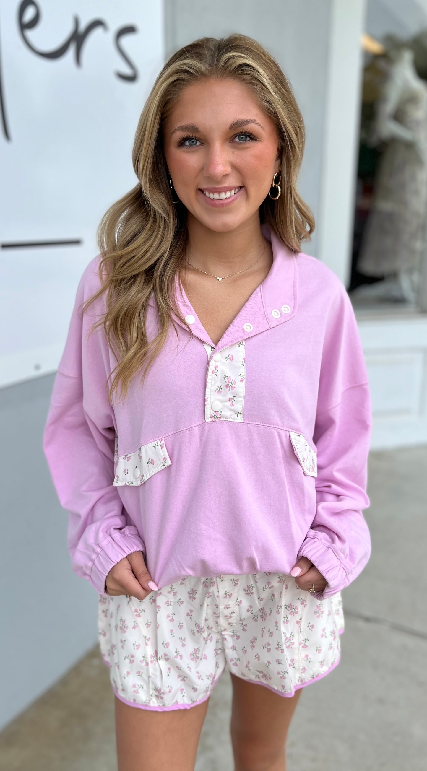 Ditsy Floral Semi Button Pullover, Pink