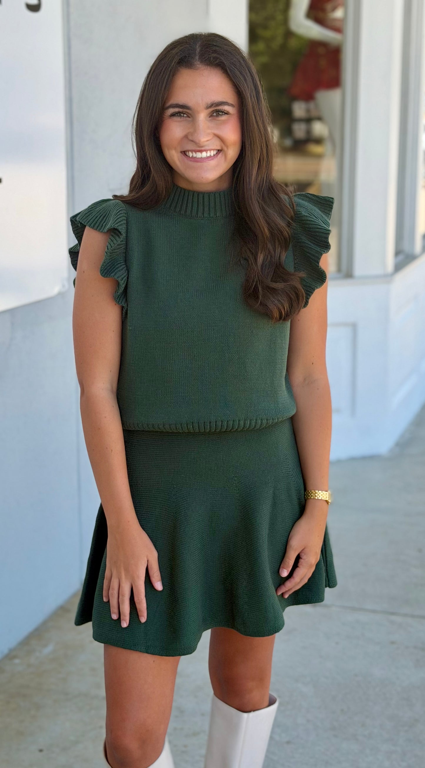 Ruffle Sleeve Sweater & Skirt SET, Hunter Green