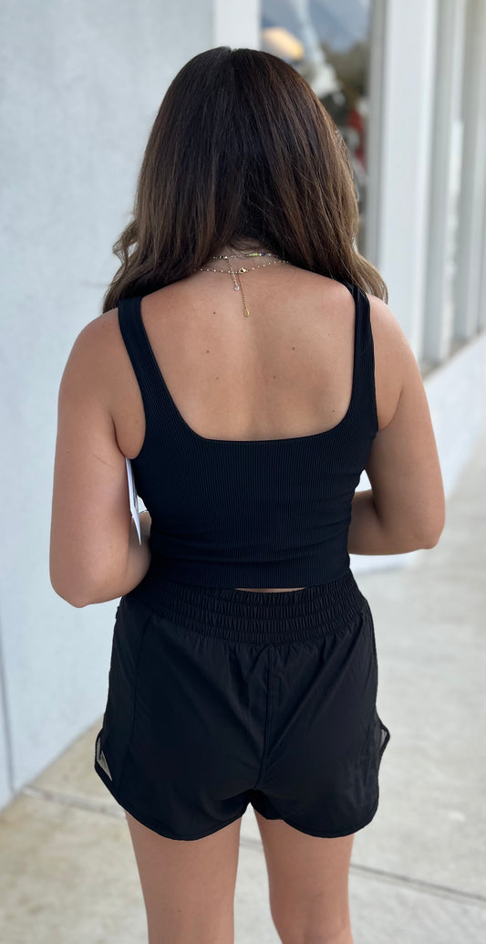 Square Neck Ribbed Crop Top, Black