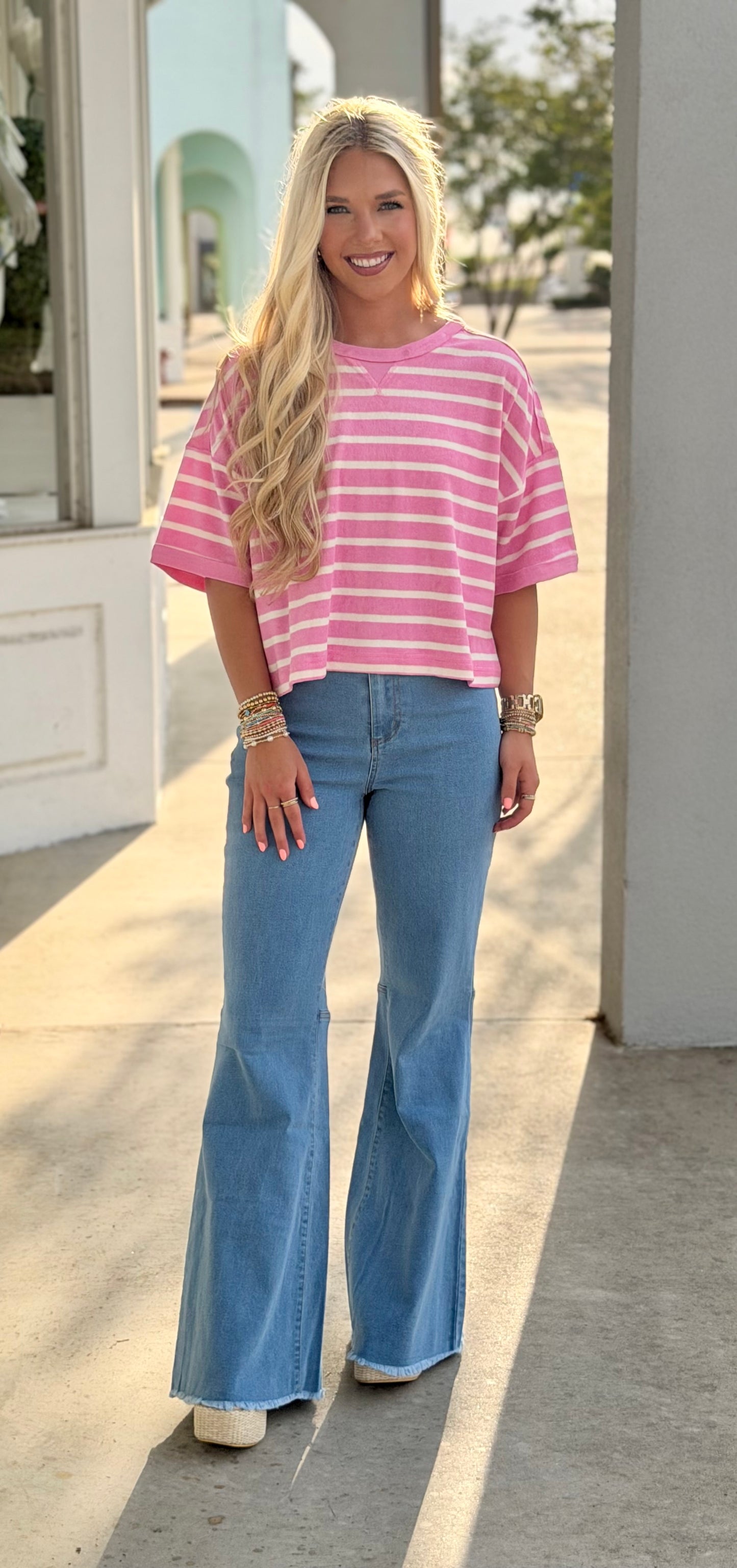 Pink/Oatmeal Striped Terry Cloth Top