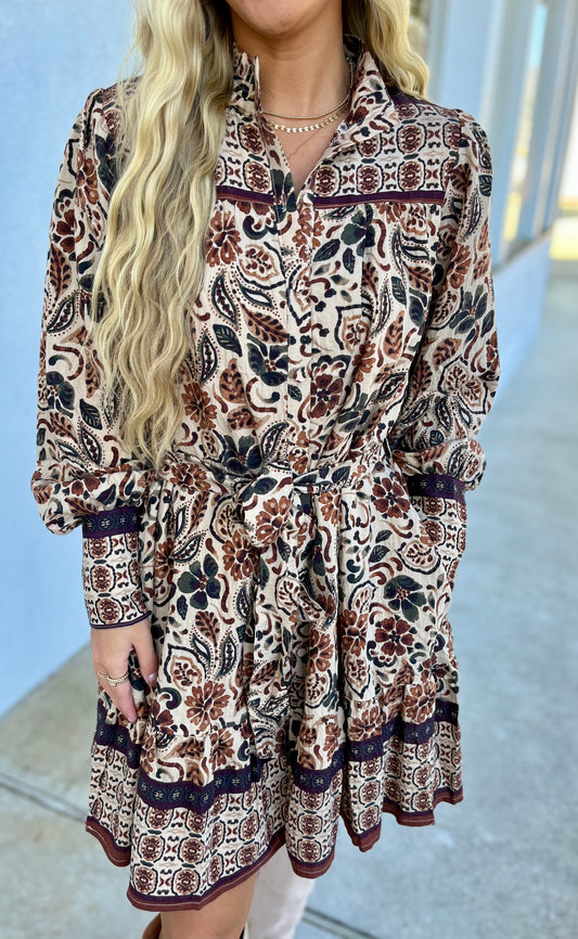 Cream Brown Tiered Pintuck Neckband Dress