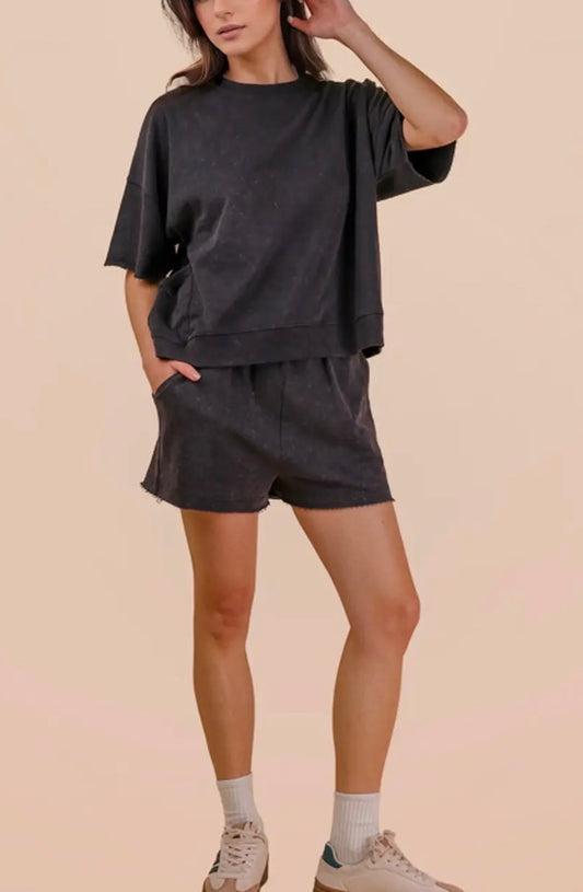 PLUS Mineral Washed Knit Casual Top & Shorts, Black