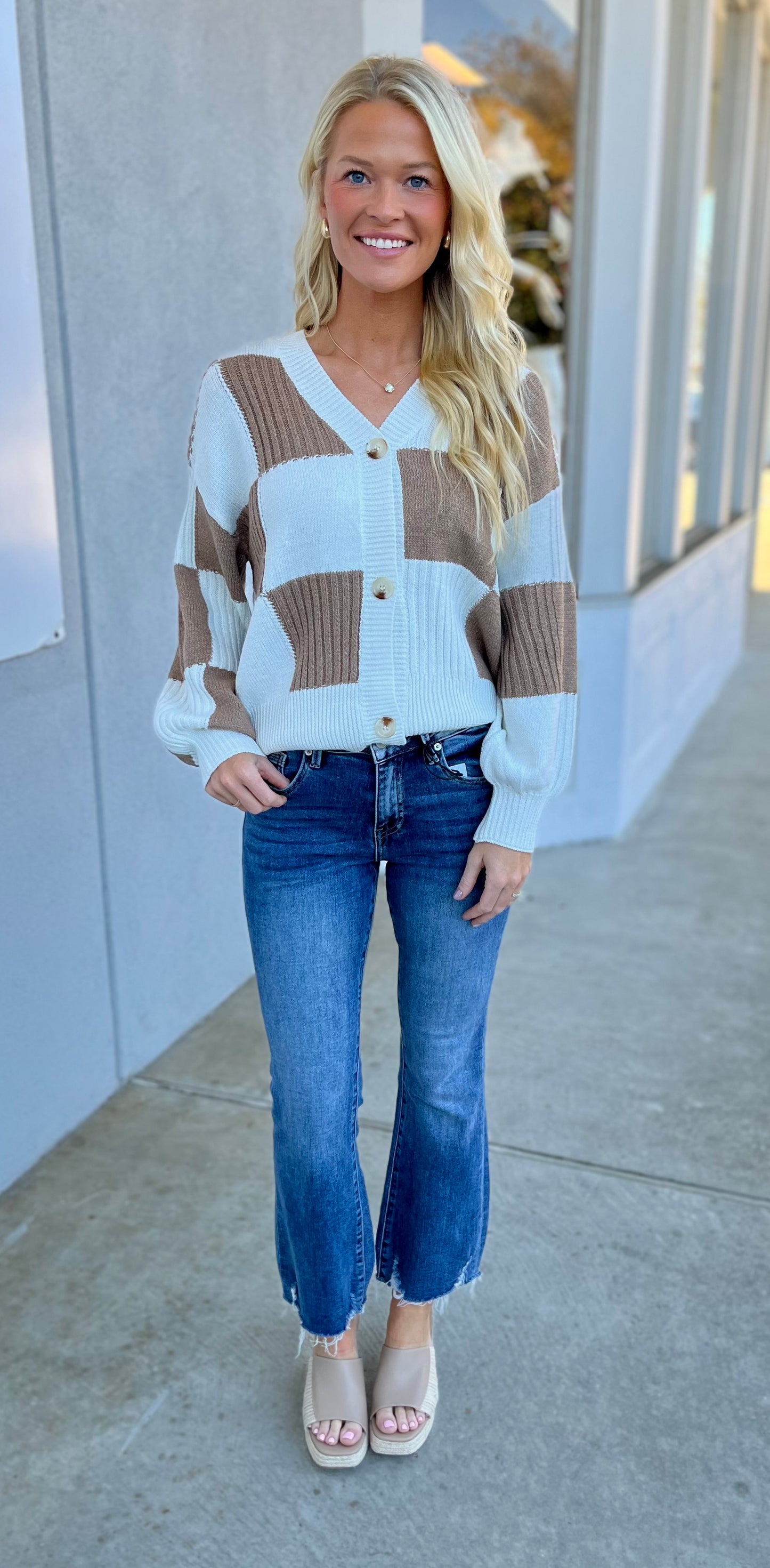 Checkered Button Front Textured Cardigan