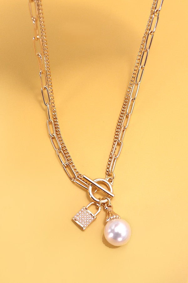 Pearl Lock Charm Double Layer Toggle Necklace