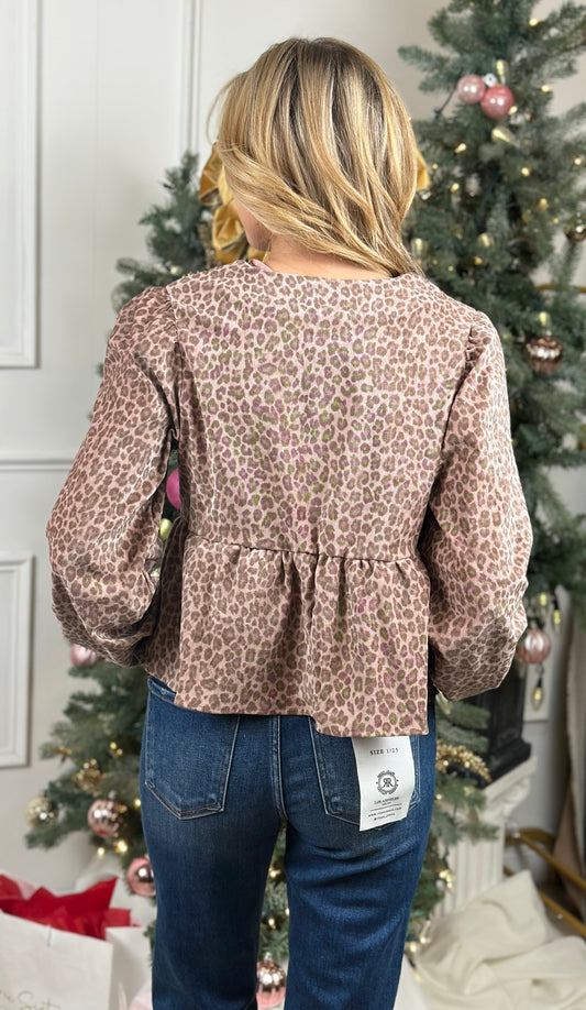 Mauve Leopard Print Front Tie Blouse