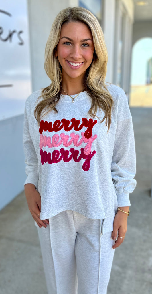 Twinkle Grey Merry Embroidered High-Low Pullover