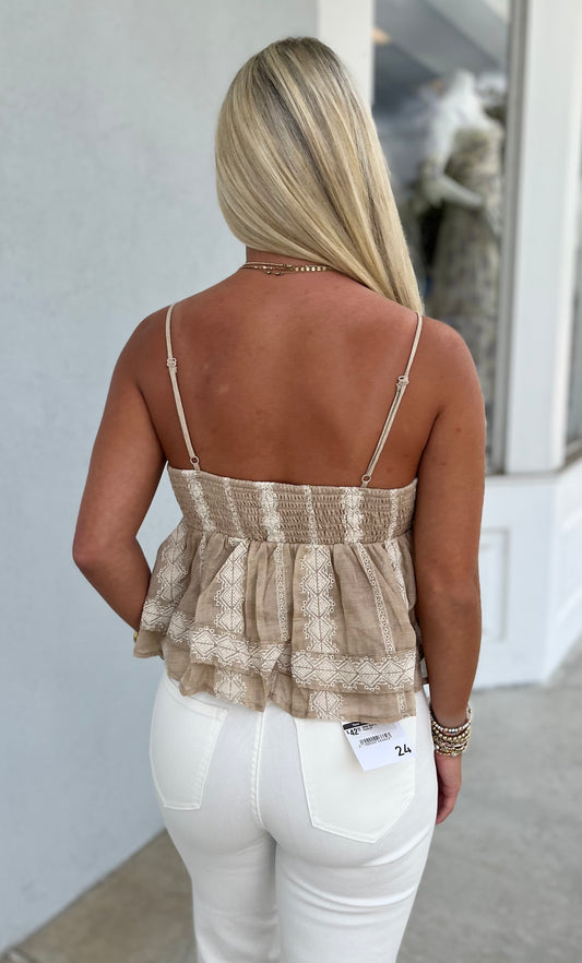 Taupe Embroidery Flowy Top