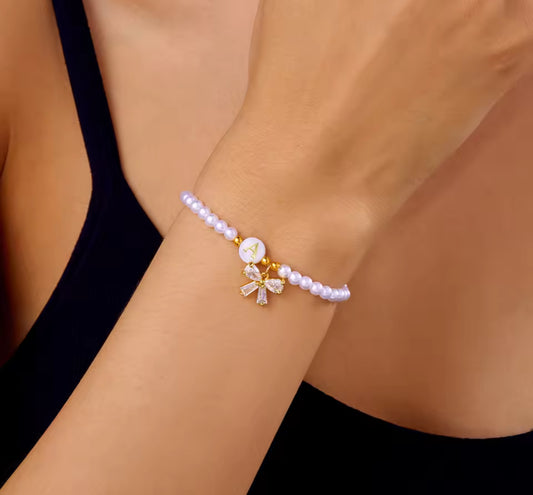 Pearl Initial Bow Bracelet