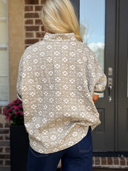 Taupe Jacquard Floral Contrast Trim Top