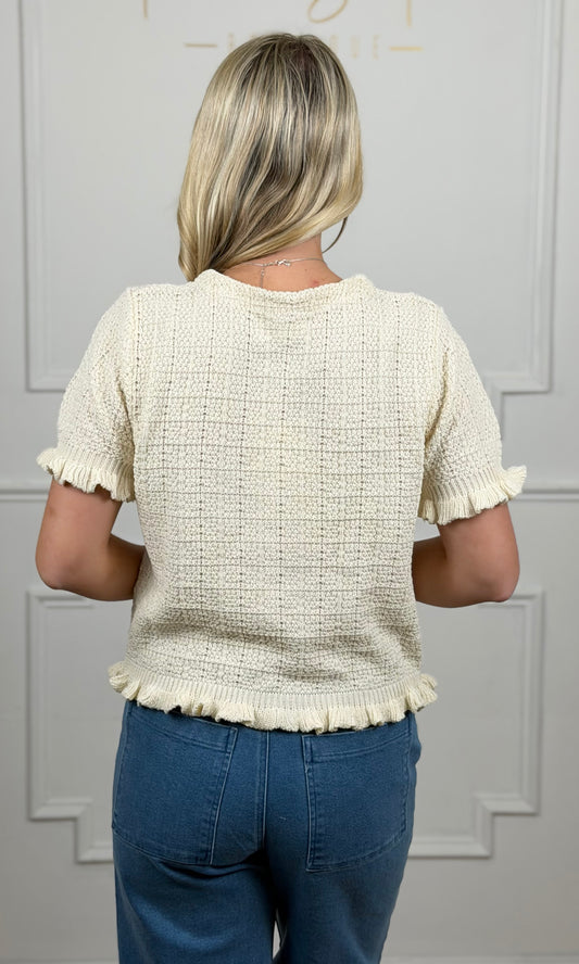 Cream Textured Sweater Cardigan With Gold Buttons